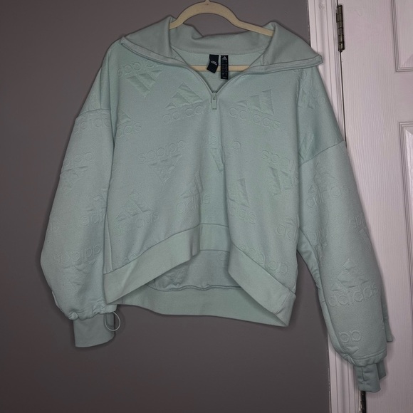 Adidas Women's AEROREADY Jacquard Logo 1/2 Zip Sweatshirt Small Mint Green - Picture 1 of 6